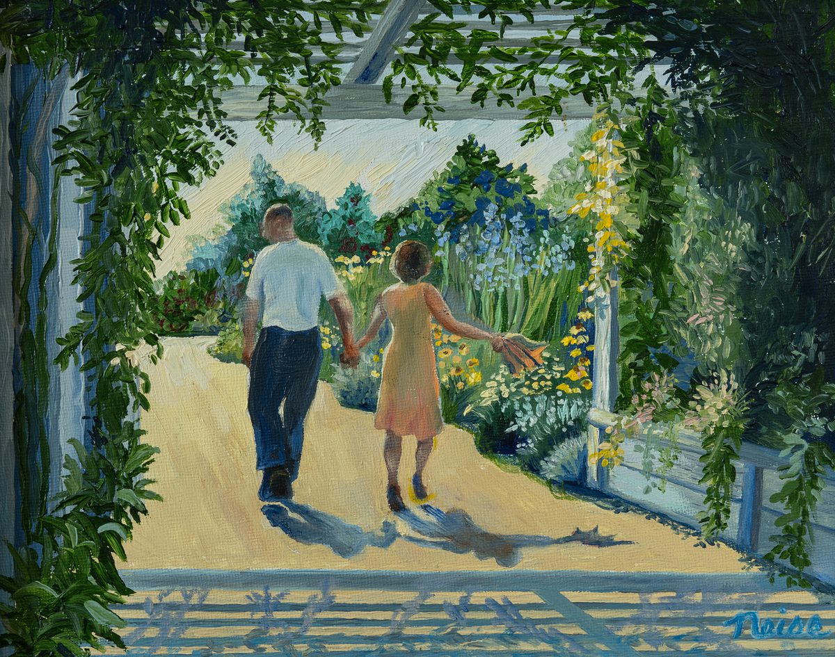 oil painting of a couple walking in gardens