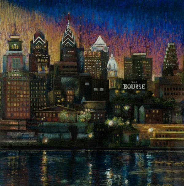 Pastel painting of philadelphia skyline at night