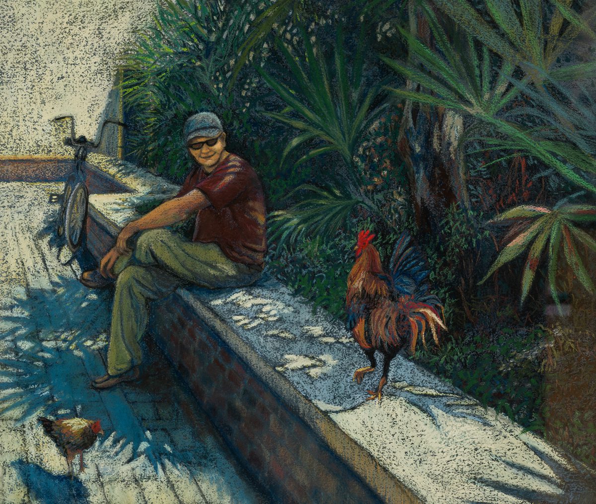 Pastel painting of a rooster and man in Key West